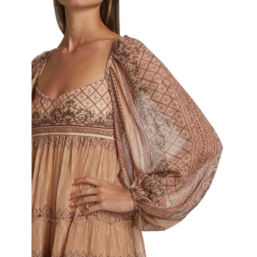 HEMANT & NANDITA Noor Tiered Mini Dress Boho Print Balloon Sleeve, Size S - Picture 3 of 11